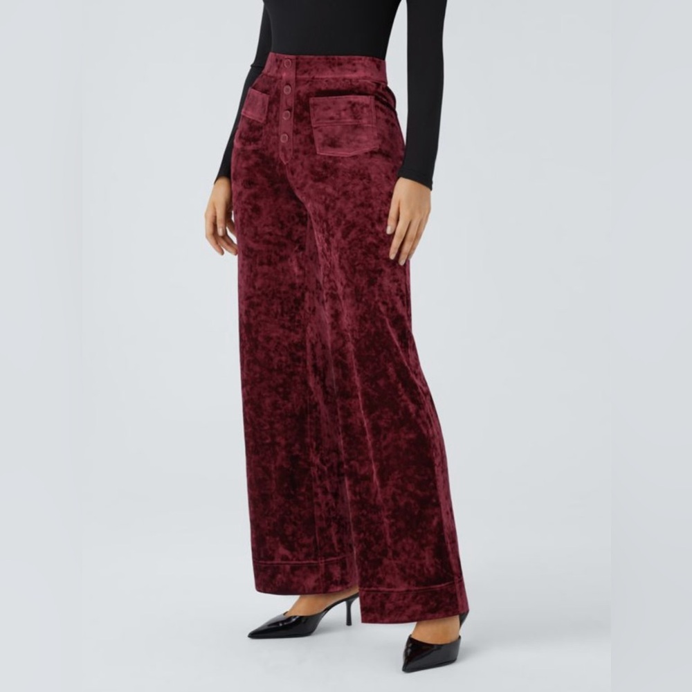 HALARA Burgundy Velvet Wide-Leg Pants